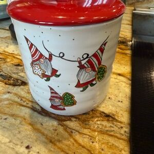 Festive Gnome Cookie Jar with Red Lid